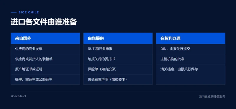 按准备方分组的进口到智利所需文件：供应商、进口商和报关行