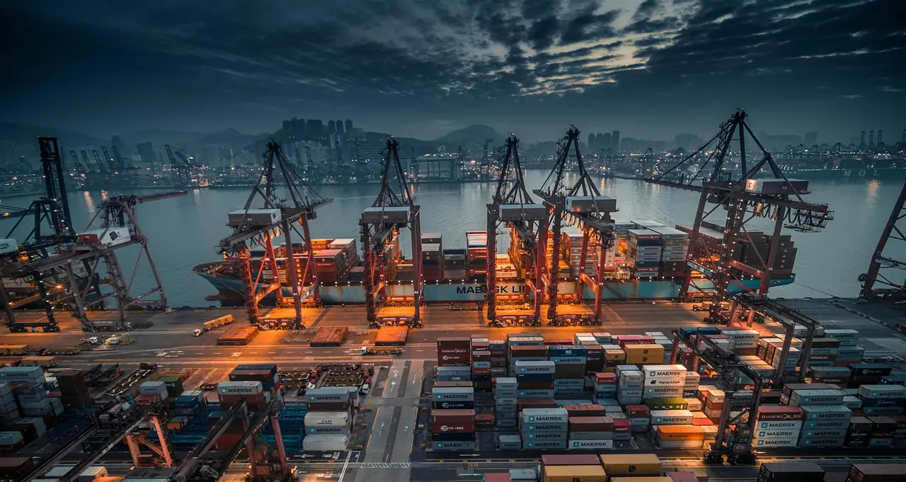 Container ship being loaded by cranes at a port at dusk