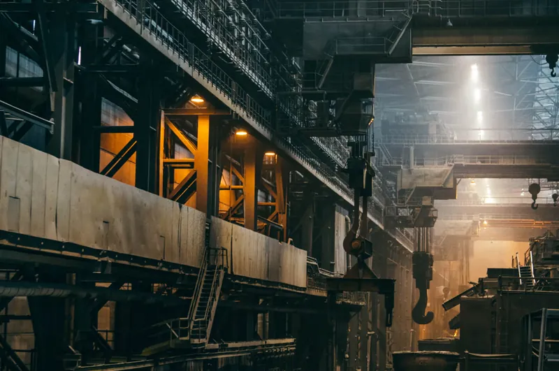 Interior de una planta industrial con maquinaria pesada, tema de importar maquinaria desde China a Chile
